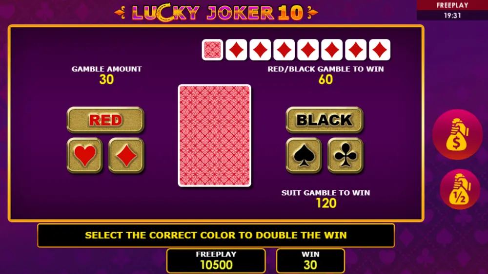Lucky Joker 10 Gamble-Funktion mit Kartenfarben- und Kartentyp-Auswahl sowie aktuellem Gewinnbetrag