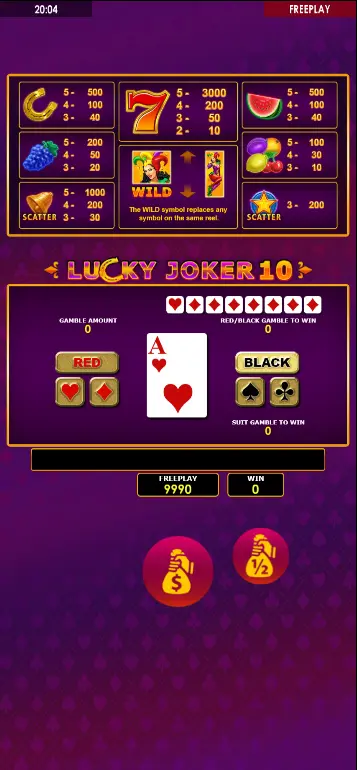 Lucky Joker 10 Gamble-Funktion mit Kartenfarben- und Kartentyp-Auswahl