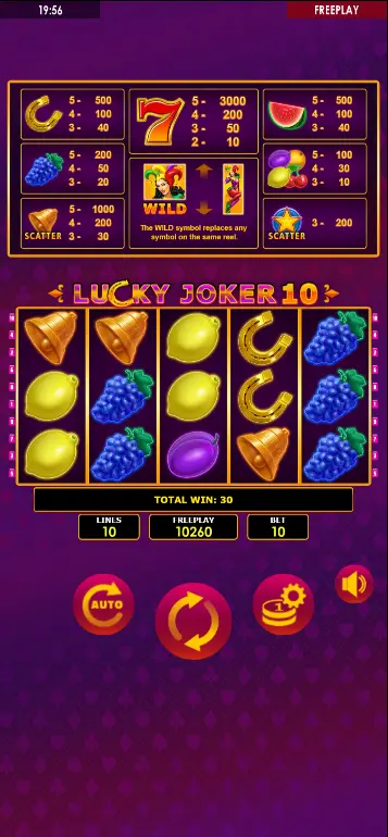 Glocken-Scatter-Symbole in Lucky Joker 10 – Scatter-Auszahlung im Info-Panel angezeigt