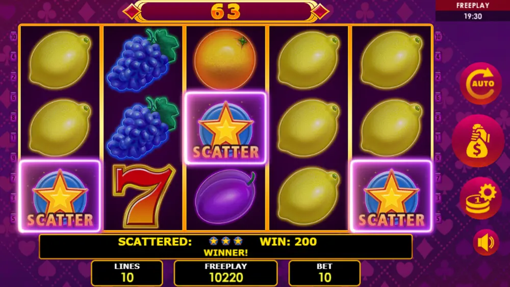 Stern-Scatter-Symbole in Lucky Joker 10 – Scatter-Auszahlung im Info-Panel angezeigt