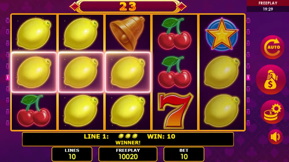 Lucky Joker 10 base game with full symbol grid showing fruit machine symbols