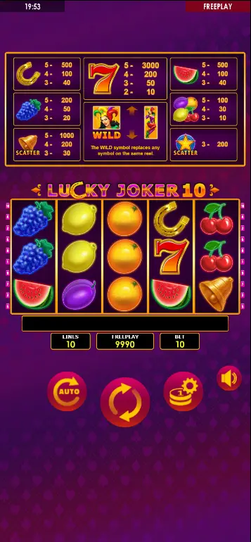 Lucky Joker 10 base game – full symbol grid with stacked fruit symbols